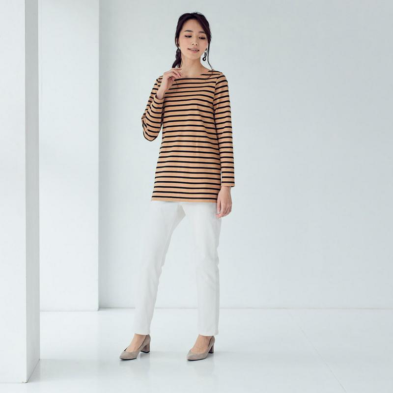 太番手の綿１００％長袖ボーダーチュニックＴシャツ