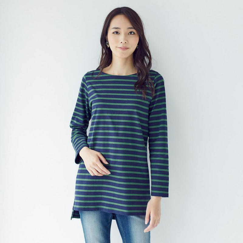 太番手の綿１００％長袖ボーダーチュニックＴシャツ