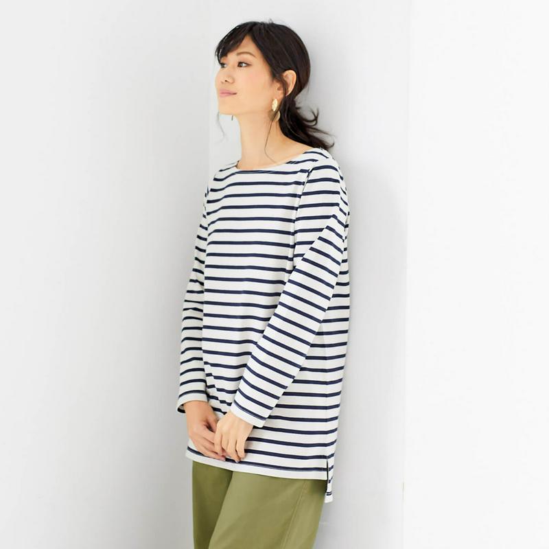太番手の綿１００％長袖ボーダーチュニックＴシャツ