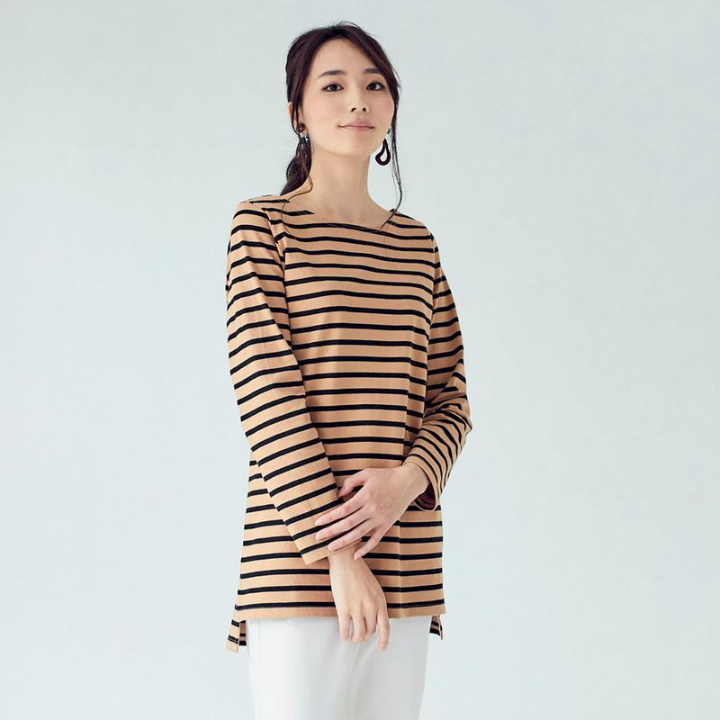 太番手の綿１００％長袖ボーダーチュニックＴシャツ