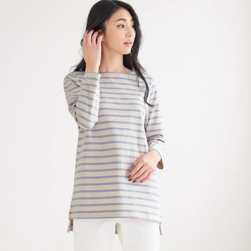 太番手の綿１００％長袖ボーダーチュニックＴシャツ