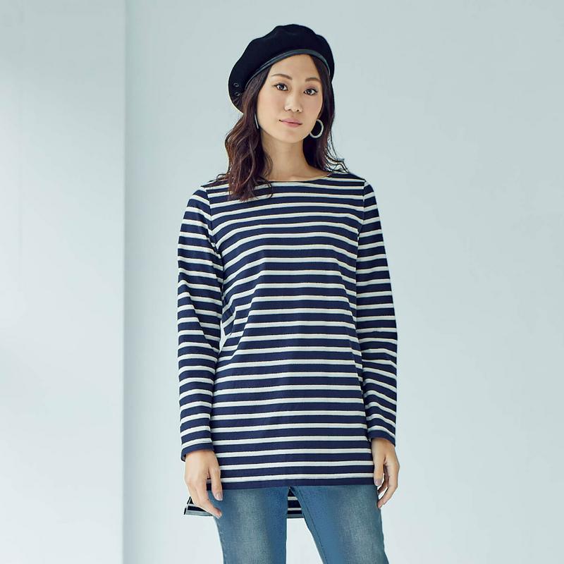 太番手の綿１００％長袖ボーダーチュニックＴシャツ