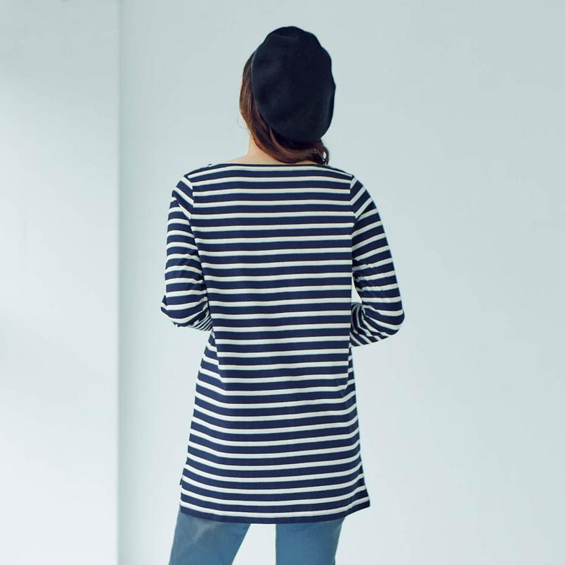 太番手の綿１００％長袖ボーダーチュニックＴシャツ