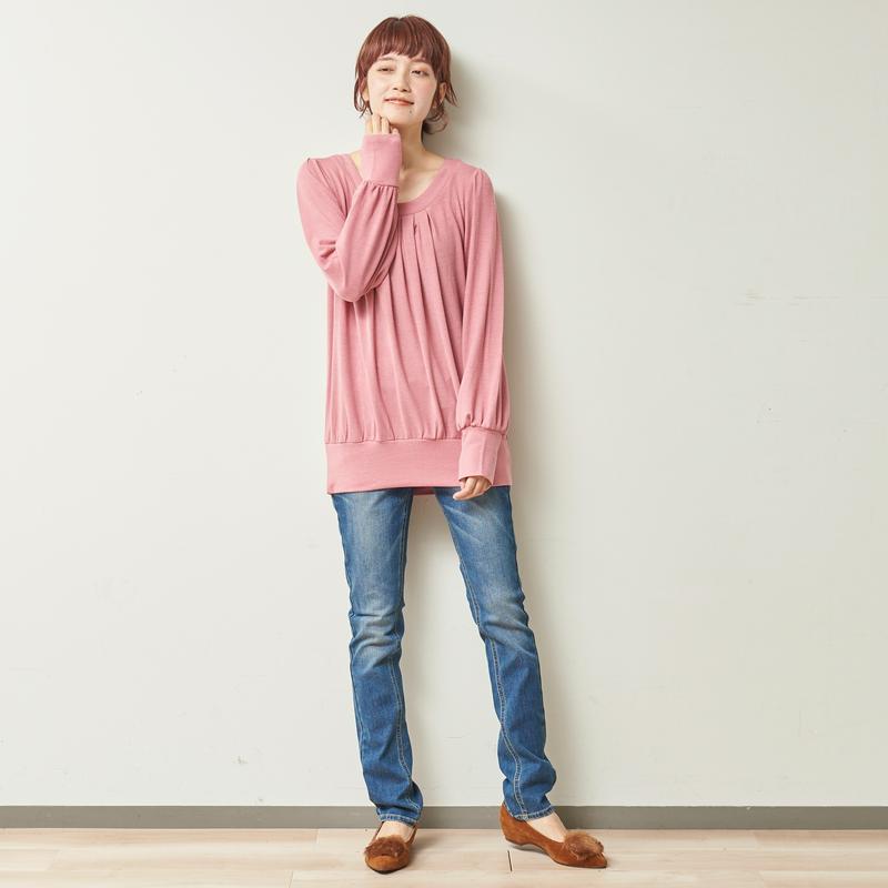 大人気シリーズ☆お尻の隠れる丈のタックチュニック長袖カットソー【Ｍ～１０Ｌ】