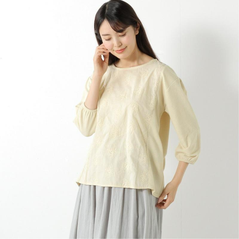 ７分袖刺繍布帛切替えＴシャツ【Ｍ～５Ｌ】（ノージーン/NO JEAN）
