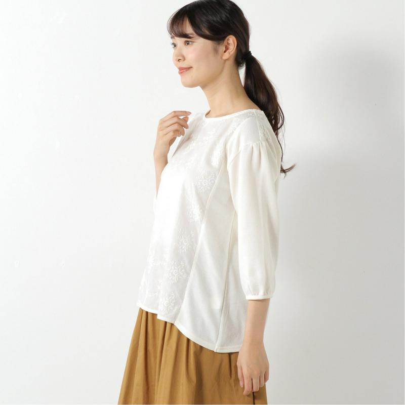７分袖刺繍布帛切替えＴシャツ【Ｍ～５Ｌ】（ノージーン/NO JEAN）