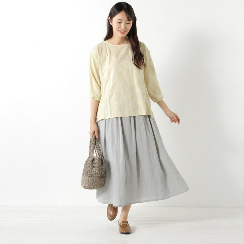 ７分袖刺繍布帛切替えＴシャツ【Ｍ～５Ｌ】（ノージーン/NO JEAN）