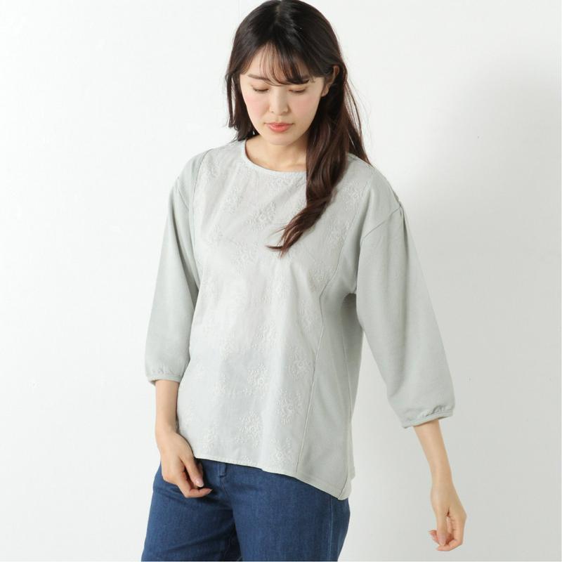 ７分袖刺繍布帛切替えＴシャツ【Ｍ～５Ｌ】（ノージーン/NO JEAN）