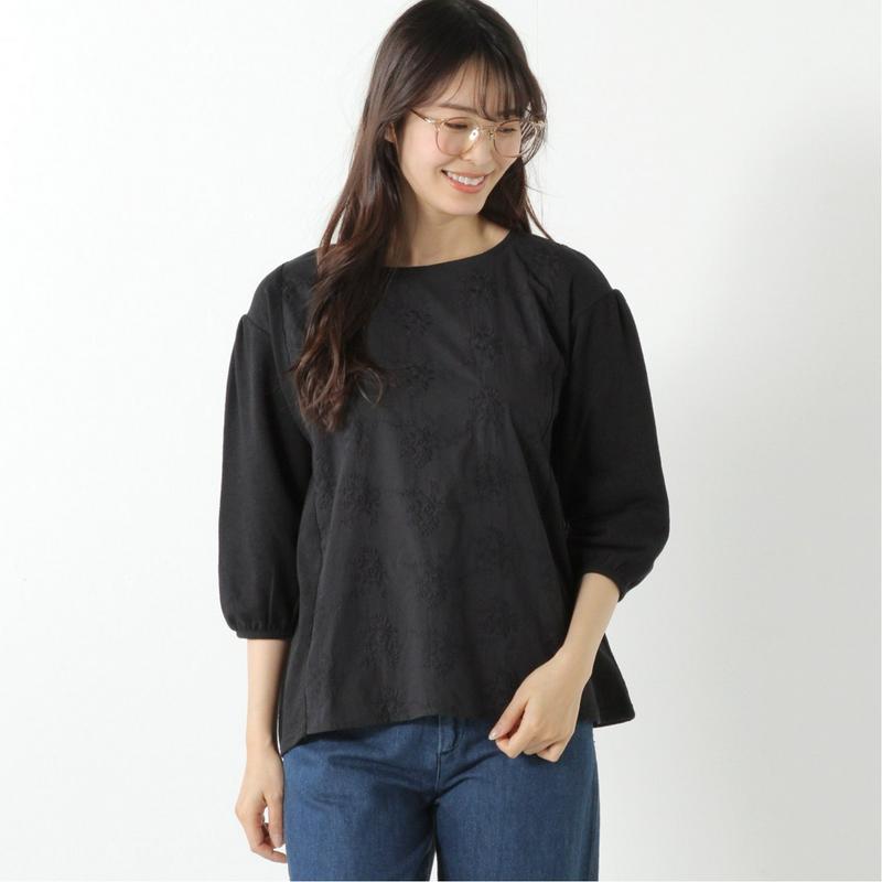 ７分袖刺繍布帛切替えＴシャツ【Ｍ～５Ｌ】（ノージーン/NO JEAN）