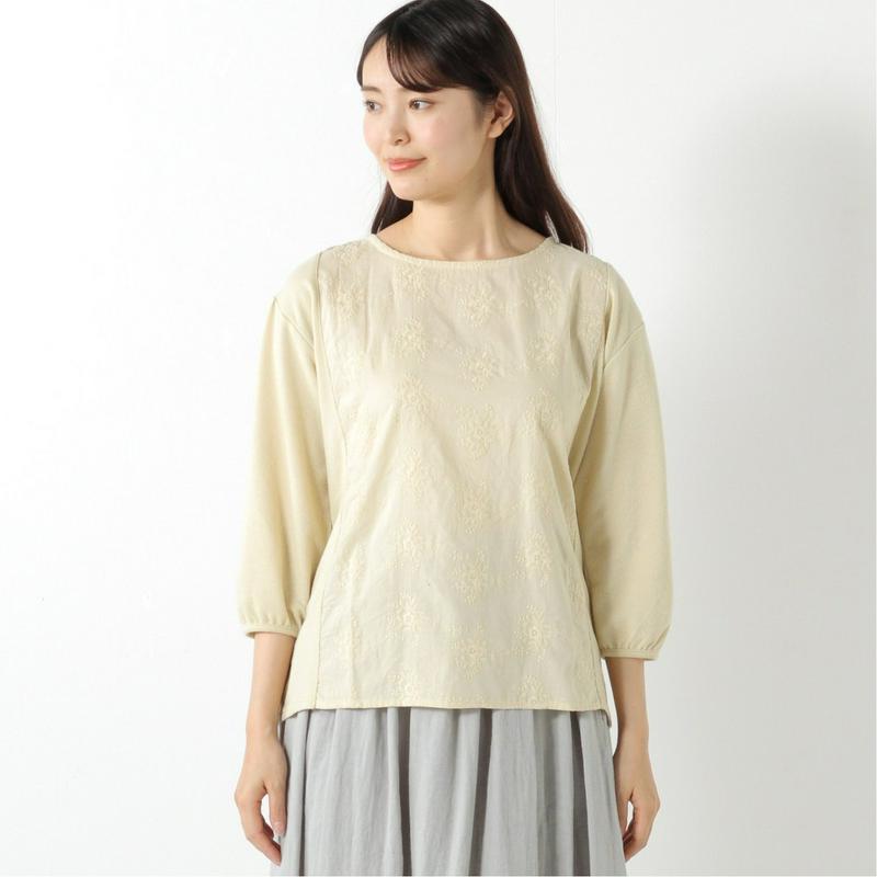 ７分袖刺繍布帛切替えＴシャツ【Ｍ～５Ｌ】（ノージーン/NO JEAN）