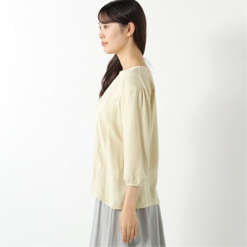 ７分袖刺繍布帛切替えＴシャツ【Ｍ～５Ｌ】（ノージーン/NO JEAN）
