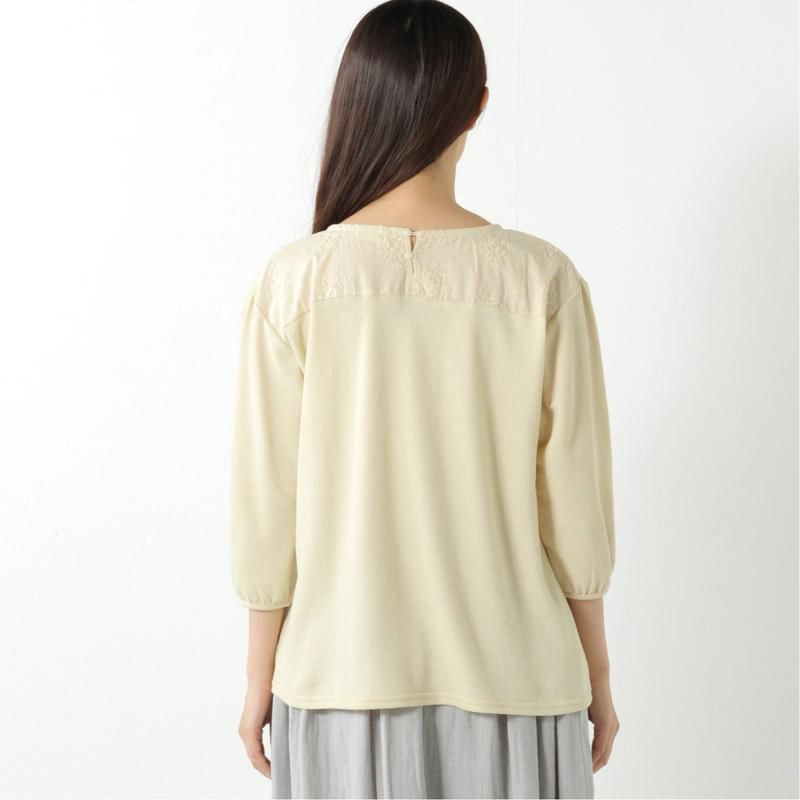 ７分袖刺繍布帛切替えＴシャツ【Ｍ～５Ｌ】（ノージーン/NO JEAN）