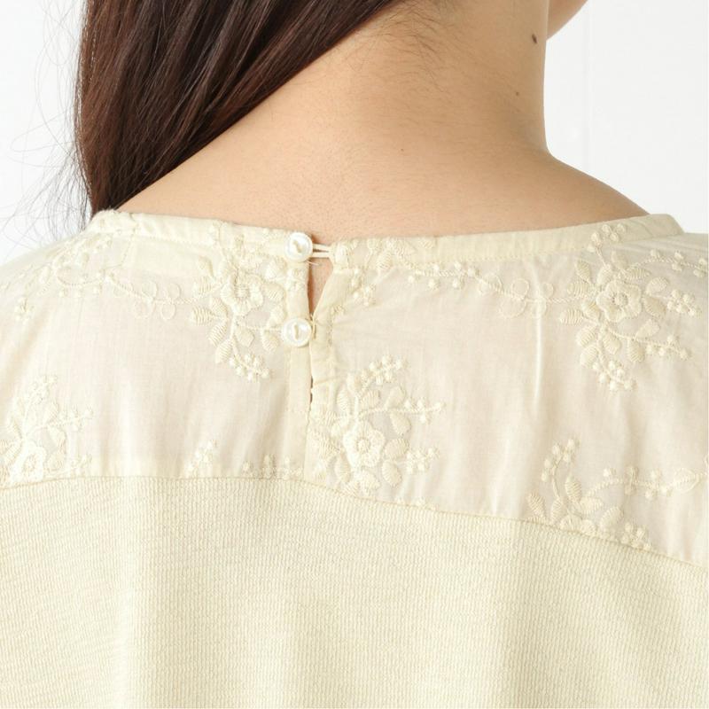 ７分袖刺繍布帛切替えＴシャツ【Ｍ～５Ｌ】（ノージーン/NO JEAN）