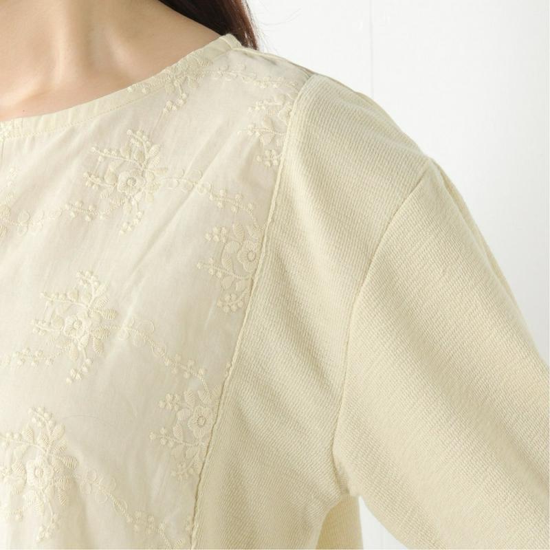 ７分袖刺繍布帛切替えＴシャツ【Ｍ～５Ｌ】（ノージーン/NO JEAN）
