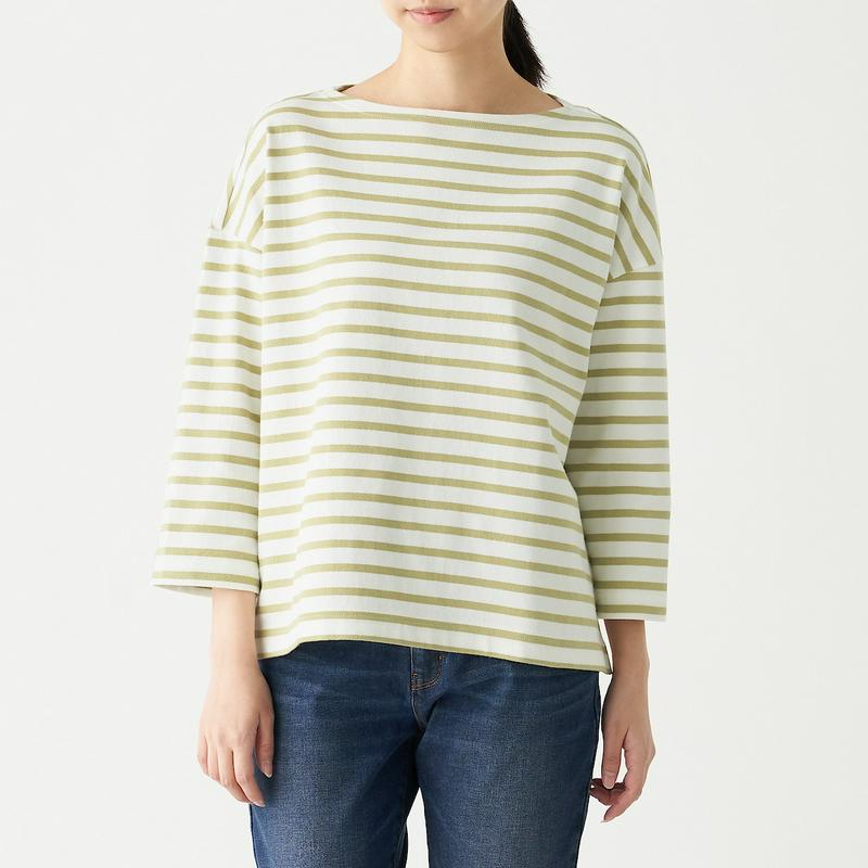 太番手天竺編みドロップショルダーＴシャツ（七分袖）無地・ボーダー 婦人ＸＳ～Ｓ・白×ペールグリーン