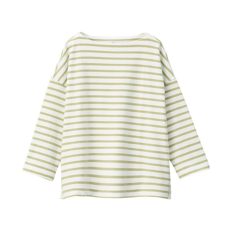 太番手天竺編みドロップショルダーＴシャツ（七分袖）無地・ボーダー 婦人ＸＳ～Ｓ・白×ペールグリーン