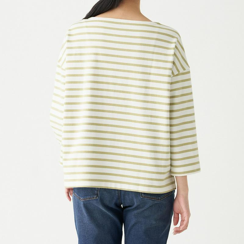 太番手天竺編みドロップショルダーＴシャツ（七分袖）無地・ボーダー 婦人ＸＳ～Ｓ・白×ペールグリーン