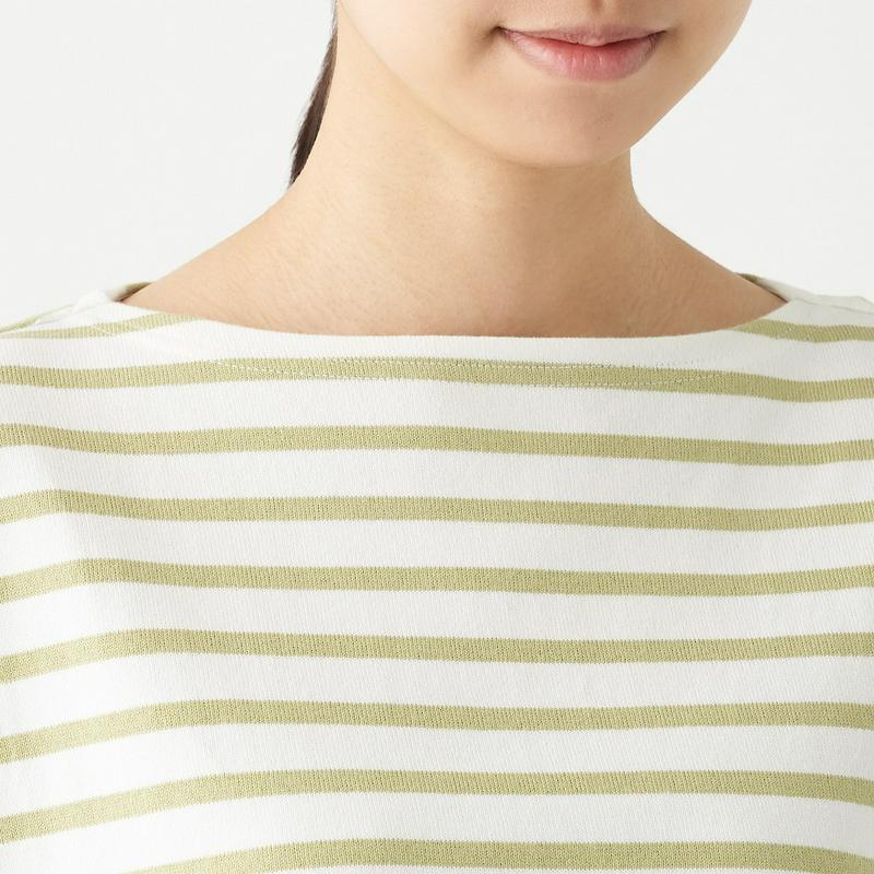 太番手天竺編みドロップショルダーＴシャツ（七分袖）無地・ボーダー 婦人ＸＳ～Ｓ・白×ペールグリーン