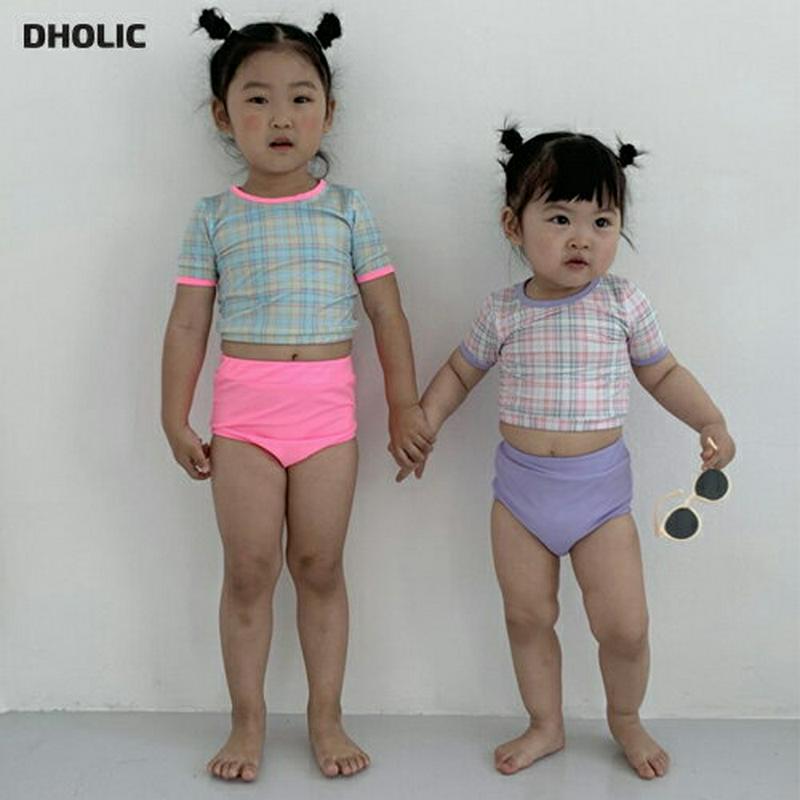 【新作10%OFF】帽子付チェック柄水着SET・u04454・キッズ 【3~8才】【bw】【韓国 ファッション 水着 ラッシュガ