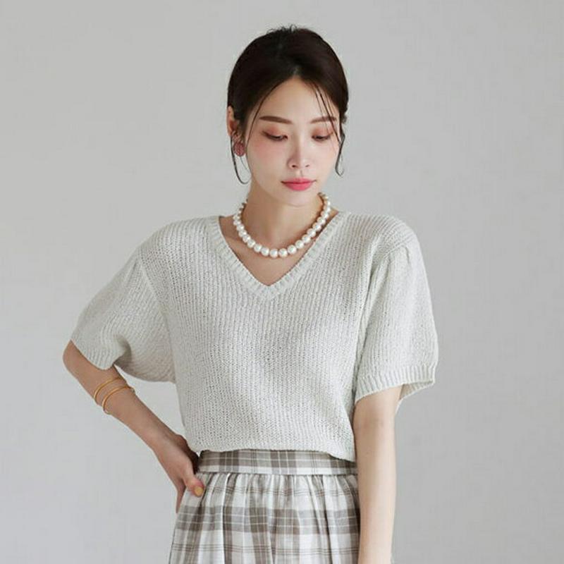 タックスリーブVネックニット・全3色・t62748 レディース【tops】【韓国 ファッション トップス ニット ニットトップス