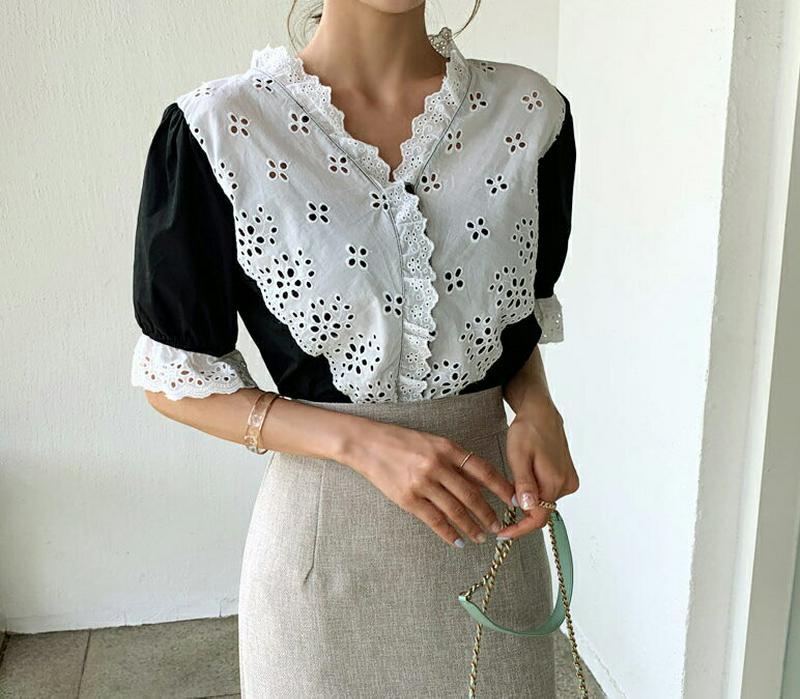 【新作10%OFF】アイレットレースコントラストブラウス・全2色・t56155 レディース【bl】【韓国 ファッション トップス