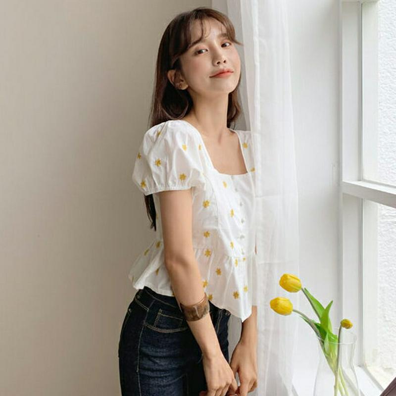 スクエアフラワー刺繍ブラウス・全2色・b60371 レディース【bl】【韓国 ファッション トップス ブラウス 半袖 パフスリー