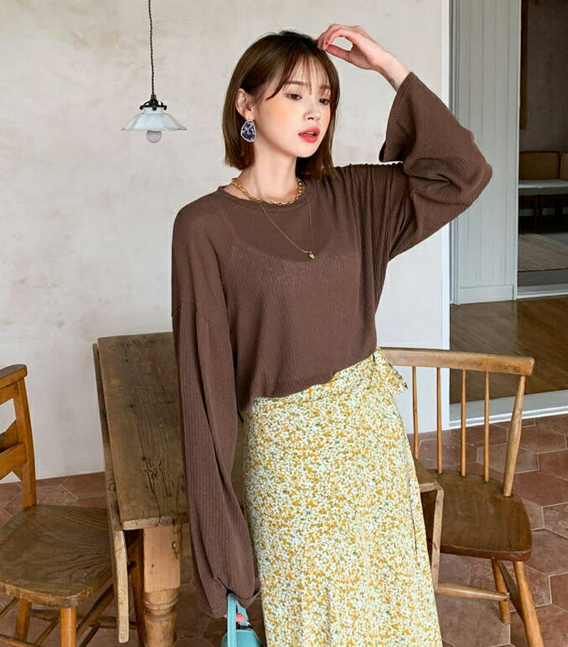 シアーリブルーズTシャツ・全4色・t55891 レディース【tops】【韓国 ファッション トップス Tシャツ 長袖 シアー 透