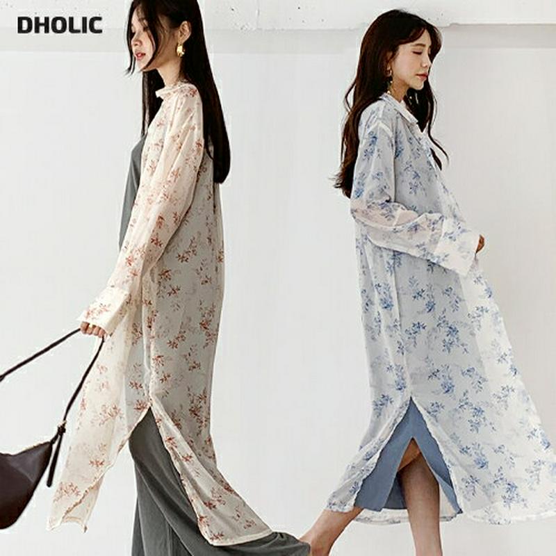 【新作10%OFF】フローラルシアーロングシャツ・全2色・t60413 レディース【bl】【韓国 ファッション トップス シャツ