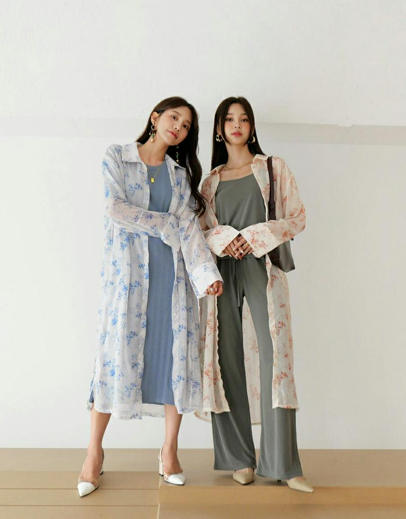 【新作10%OFF】フローラルシアーロングシャツ・全2色・t60413 レディース【bl】【韓国 ファッション トップス シャツ