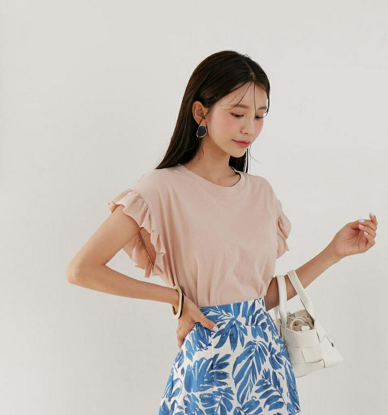 【新作10%OFF】フリルスリーブTシャツ・全3色・t60402 レディース【tops】【韓国 ファッション トップス Tシャツ