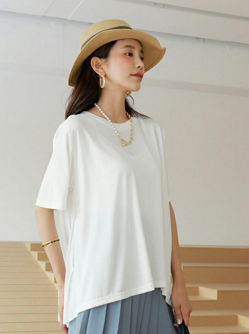 バックプリーツTシャツ・全2色・b60407 レディース【tops】【韓国 ファッション トップス Tシャツ 半袖 ハーフスリーブ バックプリーツ プリーツトップス 単色 バックシャン シンプル 大人 揺れ感 春 夏】