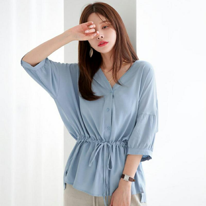 【新作10%OFF】Vネックドロストブラウス・全4色・t63148 レディース【bl】【韓国 ファッション トップス ブラウス 