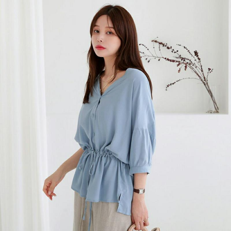【新作10%OFF】Vネックドロストブラウス・全4色・t63148 レディース【bl】【韓国 ファッション トップス ブラウス 