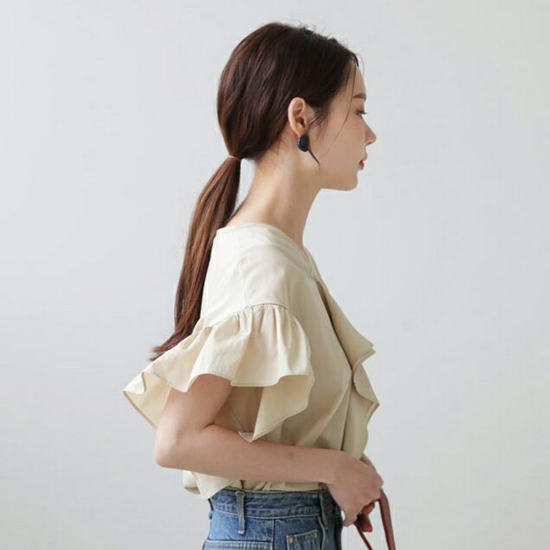 【新作10%OFF】フリルVネックブラウス・全3色・b63145 レディース【bl】【韓国 ファッション トップス ブラウス 半