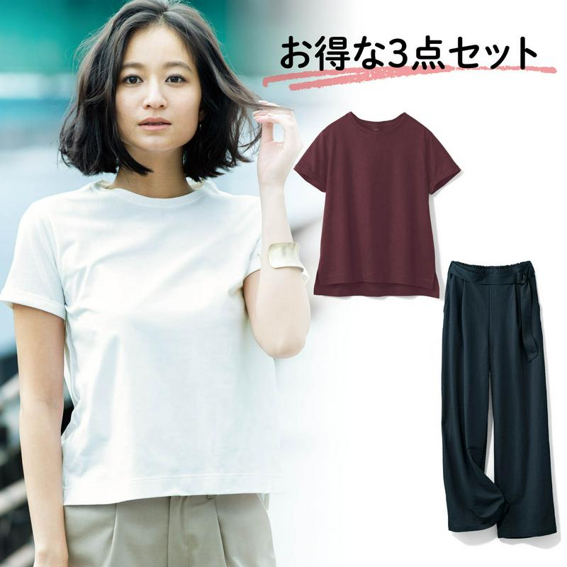 【３点入り】サラリストＴシャツとリネン調ワイドパンツセット（サラリスト）