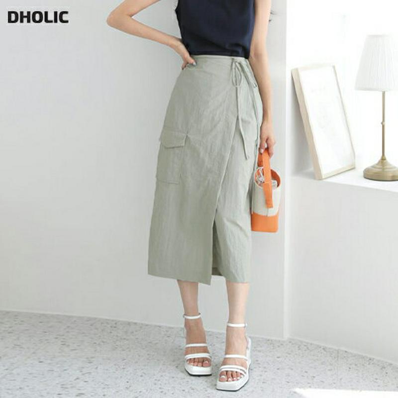 ポケットラップスカート・全3色・t47774 レディース【sk】 韓国 ファッション ボトムス スカート ロング丈 ロングスカート ラップスカート Hライン バックゴム スリット シンプル カジュアル 単色 無地 大人 春 夏