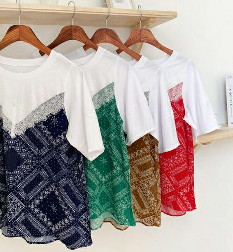 【新作10%OFF】ペイズリーレースTシャツ・全4色・b47788 レディース【tops】【韓国 ファッション トップス Tシャ