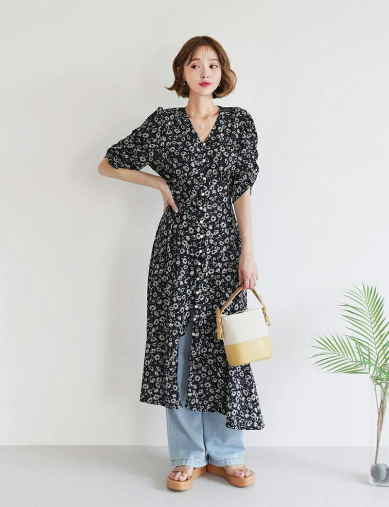 【新作10%OFF】ボタン花柄パフワンピース・全3色・t47733 レディース【ops】【韓国 ファッション ワンピース ロング