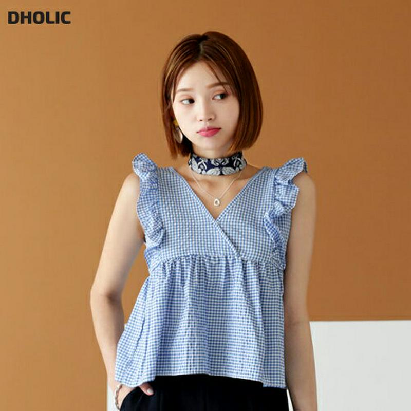 【新作10%OFF】Vネックチェックフリルスリーブレス・全3色・t47740 レディース【tops】【韓国 ファッション トップ