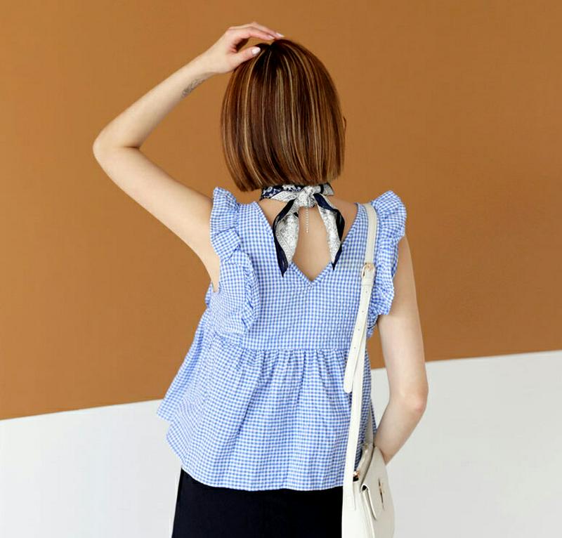 【新作10%OFF】Vネックチェックフリルスリーブレス・全3色・t47740 レディース【tops】【韓国 ファッション トップ