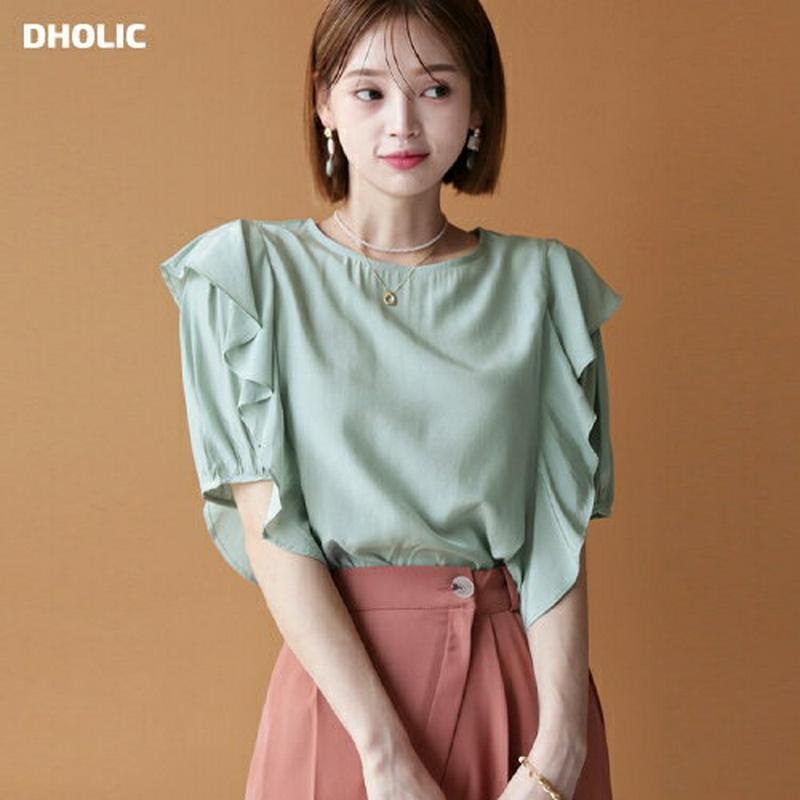 【全品10%OFF】サイドフリルブラウス・全2色・e47757 レディース【bl】【韓国 ファッション トップス ブラウス 半袖 パフスリーブ フリル ラウンドネック 光沢 生地 フェミニン シンプル 単色 大人 春 夏】