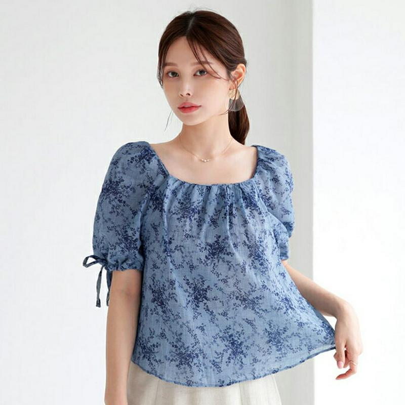 【新作10%OFF】花柄ドロストスリーブブラウス・全2色・t63228 レディース【bl】【韓国 ファッション トップス ブラウ