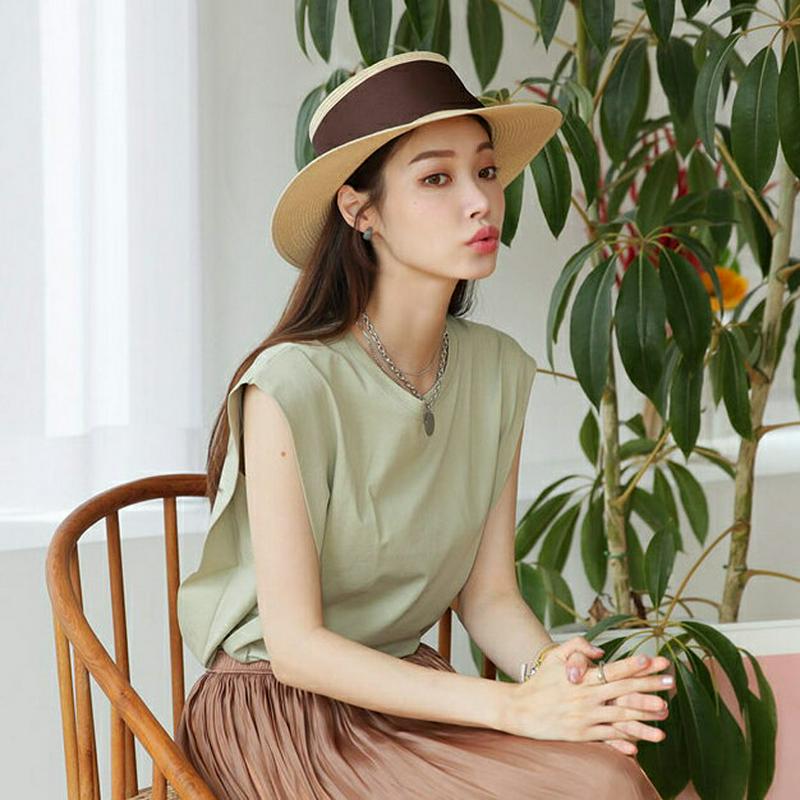 【新作10%OFF】ラウンドコットンスリーブレス・全4色・t63211 レディース【tops】【韓国 ファッション トップス ス