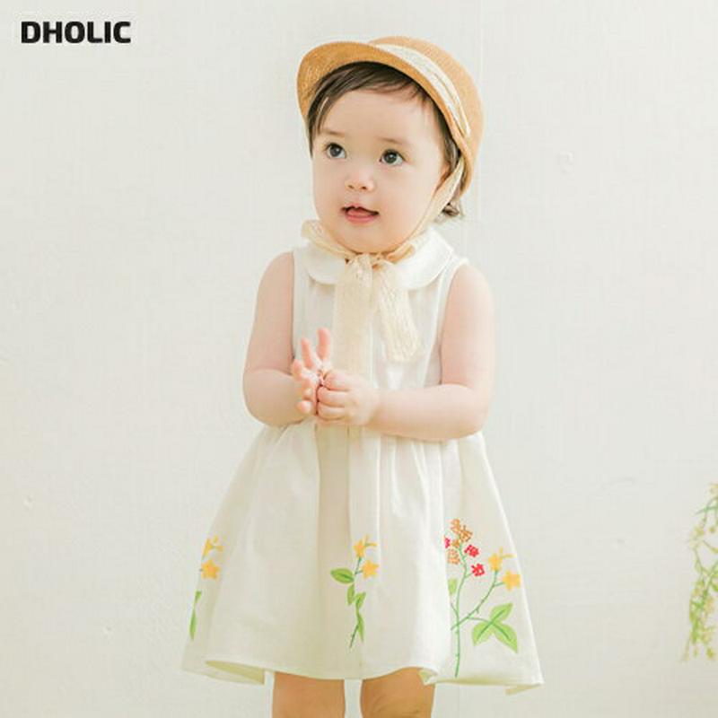 ラウンドカラー花刺繍ワンピース・p004579 キッズ【0~2才】【ops】【ワンピース ミディ丈 ミディワンピース ラウンドカラー スリーブレス ノースリーブ 花 刺繍 女の子 可愛い 韓国 韓国子供服 子供 こども 子供服 こども服】【KIDS】