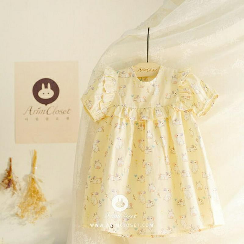 bunnyフリルボックスカラーワンピース・p004564 キッズ【0~2才】【ops】【ワンピース ロング丈 ロングワンピース 半袖 パフスリーブ ボックスカラー フリル リボン 柄 可愛い 女の子 ベビー 韓国 韓国子供服 子供 こども 子供服 こども服】【KIDS】