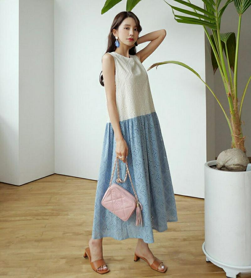 【只今10%OFF】配色アイレットレースワンピース・全1色・b56571 レディース【ops】【韓国 ファッション ワンピース 