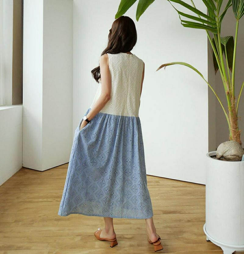 【只今10%OFF】配色アイレットレースワンピース・全1色・b56571 レディース【ops】【韓国 ファッション ワンピース 