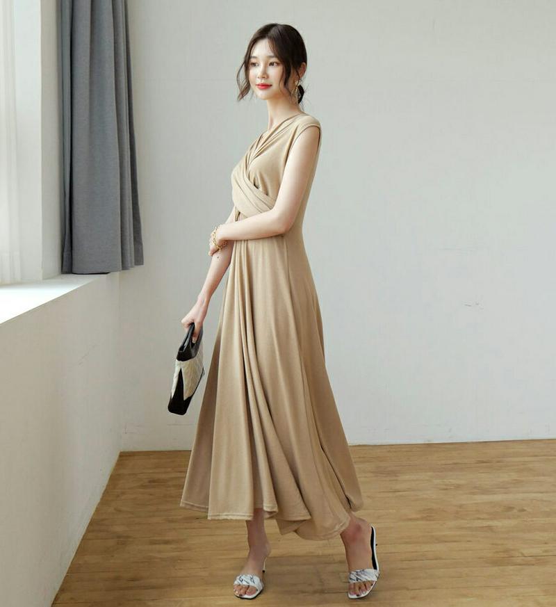 ≪人気商品再入荷≫クロスディテールワンピース・全3色・b56588 レディース【ops】 ベージュ 韓国ファッション ワンピース ロングワンピース スリーブレス ノースリーブ Vネック 鎖骨 デコルテ フレア フレアワンピース ギャザー 上品 大人 夏