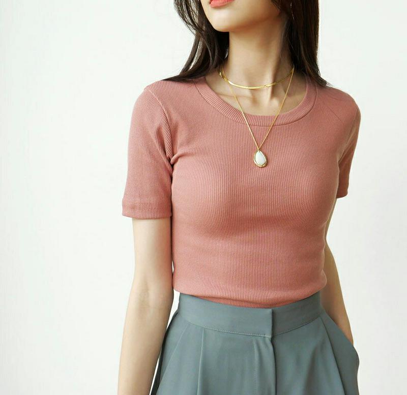半袖リブTシャツ・全7色・56566 レディース【tops】【韓国 ファッション トップス Tシャツ 半袖 ショートスリーブ ラ