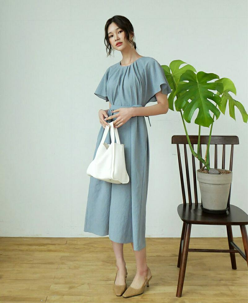 ストラップ付ギャザーワンピース・全2色・b56583 レディース【ops】【韓国 ファッション ワンピース ロングワンピース 半